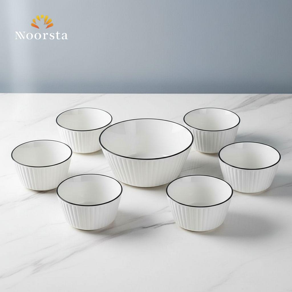 طقم بولات بورسلين 7 قطع لتقديم الشوربة والسلطة - Minimalist 7-Piece Ribbed Porcelain Bowl Set - Noorsta