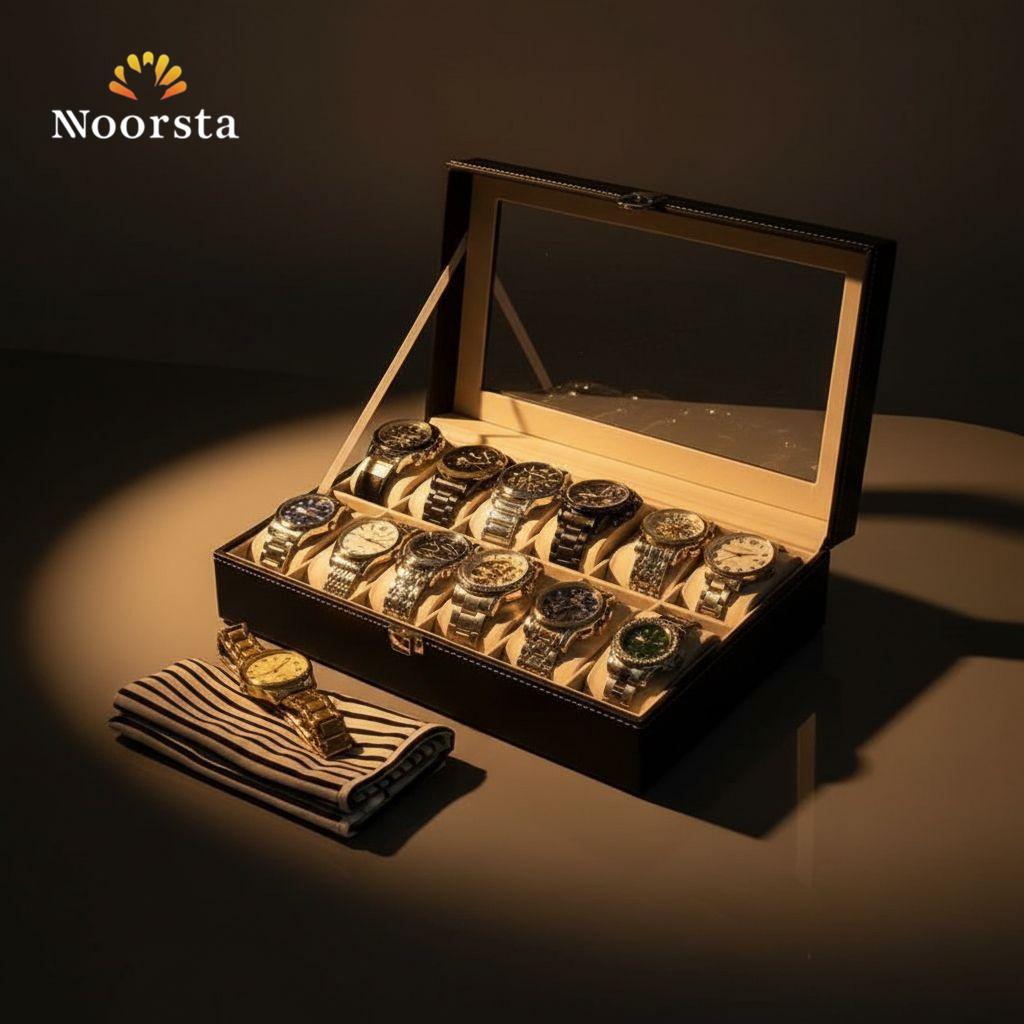Luxury 12-Slot Leather Watch Organizer Box with Glass Display Top