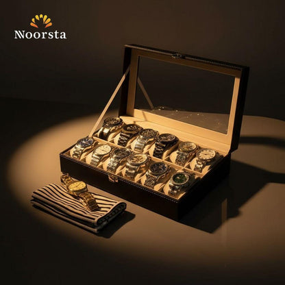 Luxury 12-Slot Leather Watch Organizer Box with Glass Display Top