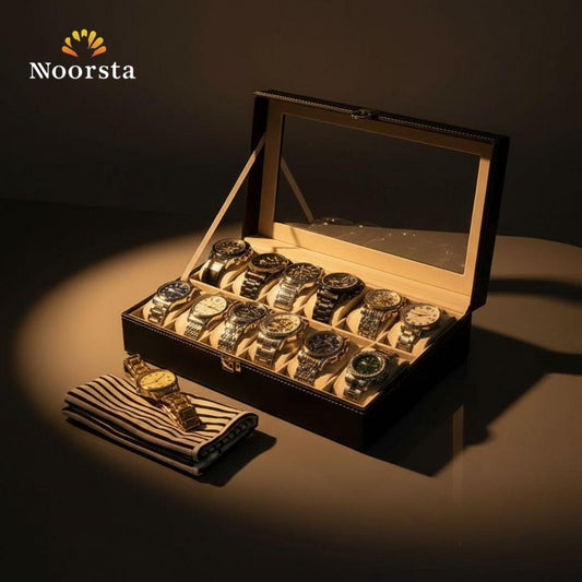 Luxury 12-Slot Leather Watch Organizer Box with Glass Display Top