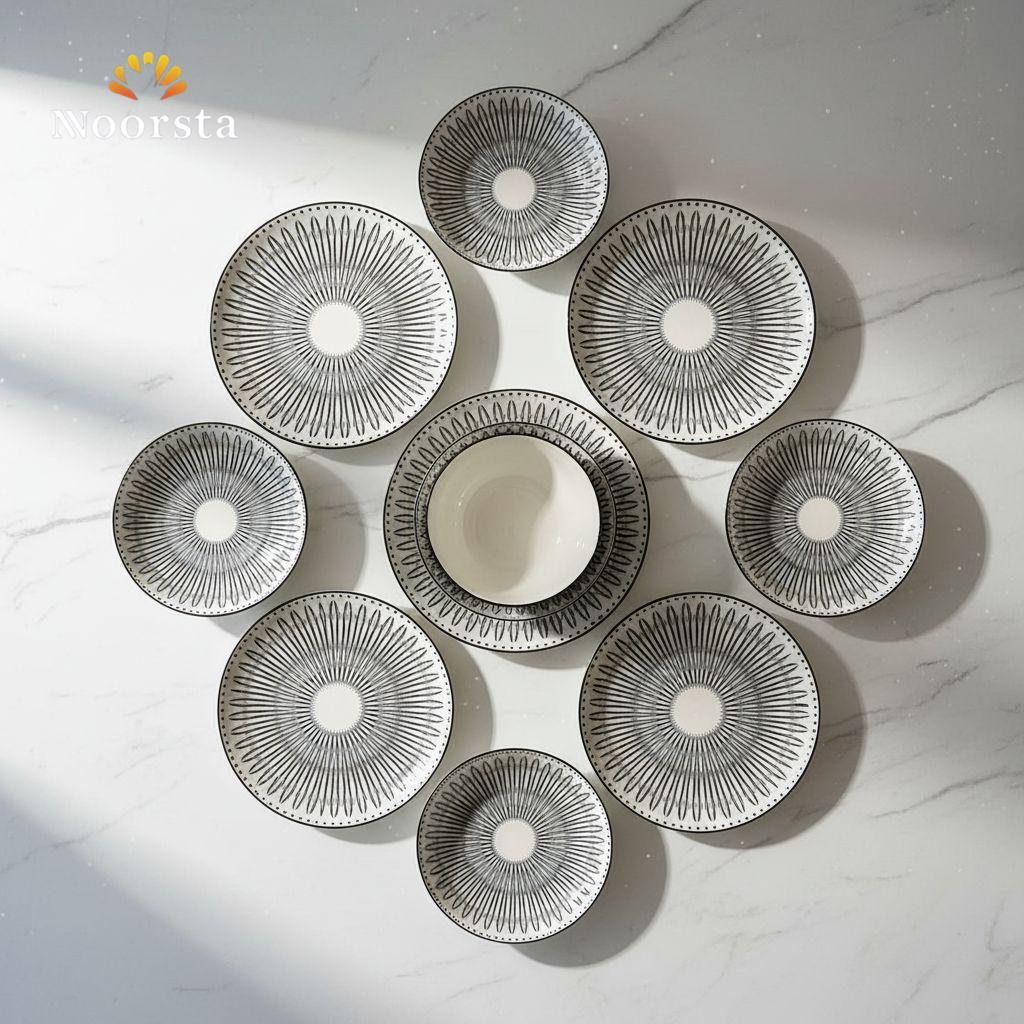 طقم عشاء بورسلين مستورد 24 قطعة بنقشة هندسية - Elegant 24-Piece Imported Porcelain Dinner Set with Geometric Pattern - Noorsta