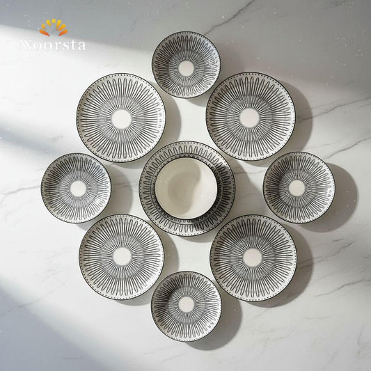 طقم عشاء بورسلين مستورد 24 قطعة بنقشة هندسية - Elegant 24-Piece Imported Porcelain Dinner Set with Geometric Pattern - Noorsta