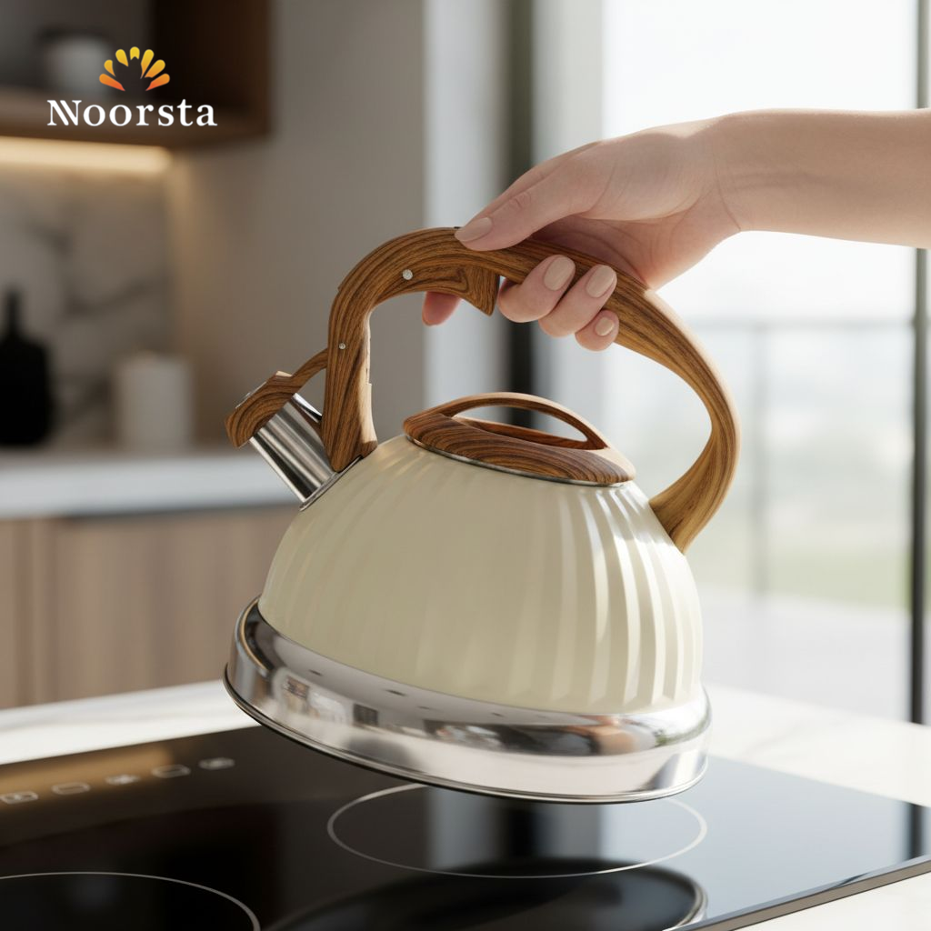 براد ستانلس شيك بصفارة وتصميم خشبي - Premium 18/10 Stainless Steel Whistling Kettle - Noorsta