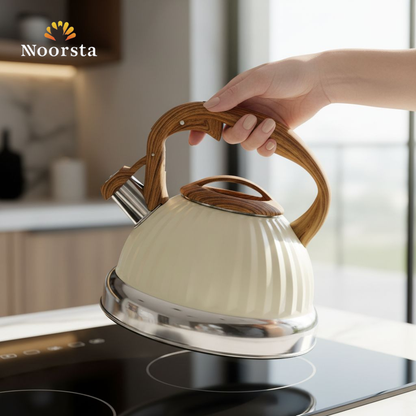 براد ستانلس شيك بصفارة وتصميم خشبي - Premium 18/10 Stainless Steel Whistling Kettle - Noorsta