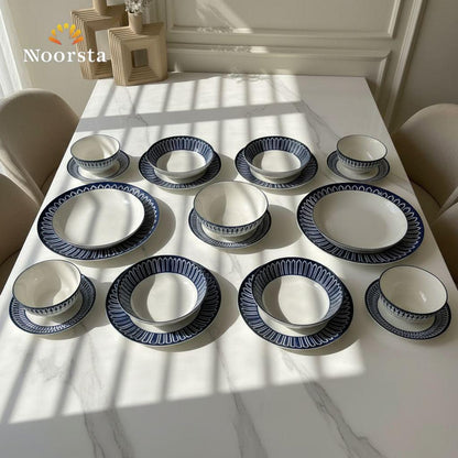 طقم عشاء بورسلين مستورد 24 قطعة لجهاز العروسة - Elegant 24-Piece Porcelain Dinner Set with Geometric Rim - Noorsta