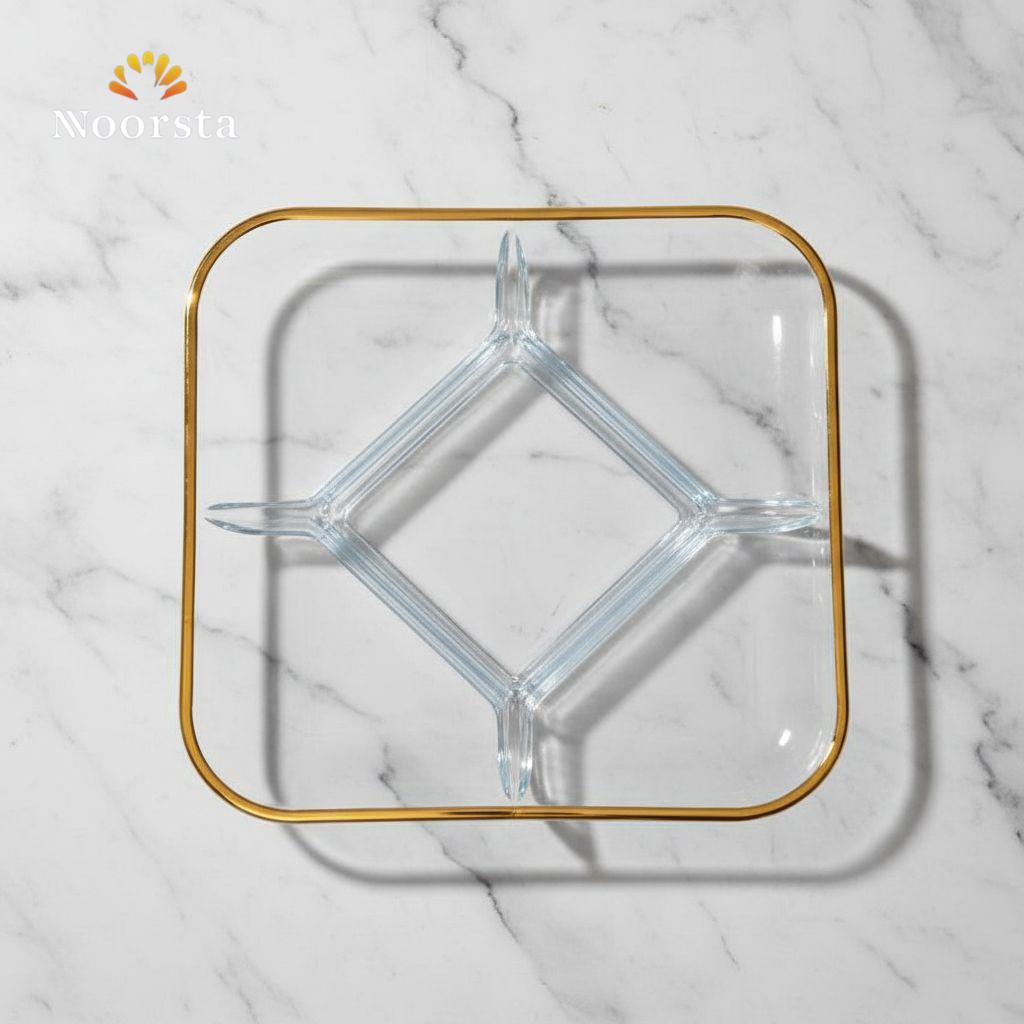 طبق تقديم زجاج مقسم بحواف ذهبية شيك جدا لجهاز العروسة - Elegant Glass Divided Serving Plate with Gold Rim - Noorsta