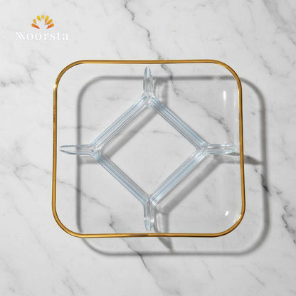 طبق تقديم زجاج مقسم بحواف ذهبية شيك جدا لجهاز العروسة - Elegant Glass Divided Serving Plate with Gold Rim - Noorsta