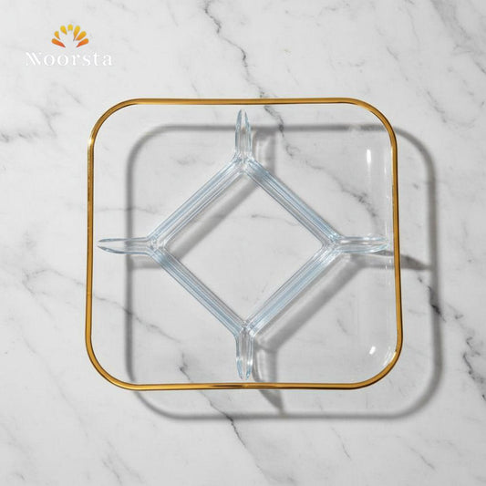 طبق تقديم زجاج مقسم بحواف ذهبية شيك جدا لجهاز العروسة - Elegant Glass Divided Serving Plate with Gold Rim - Noorsta