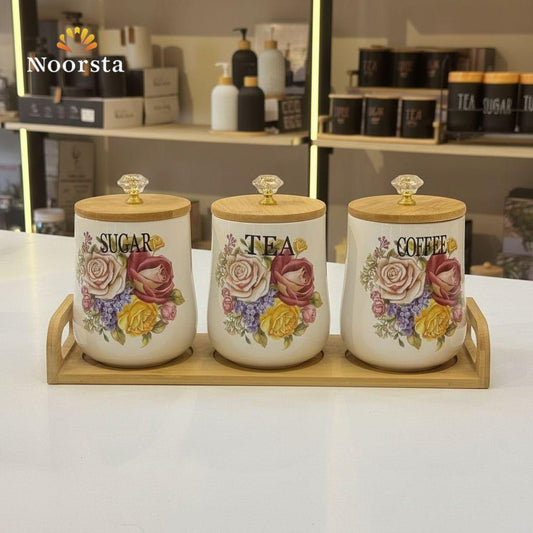 طقم علب سكر وشاي بورسلين شيك - Elegant Floral Porcelain Canister Set - Noorsta