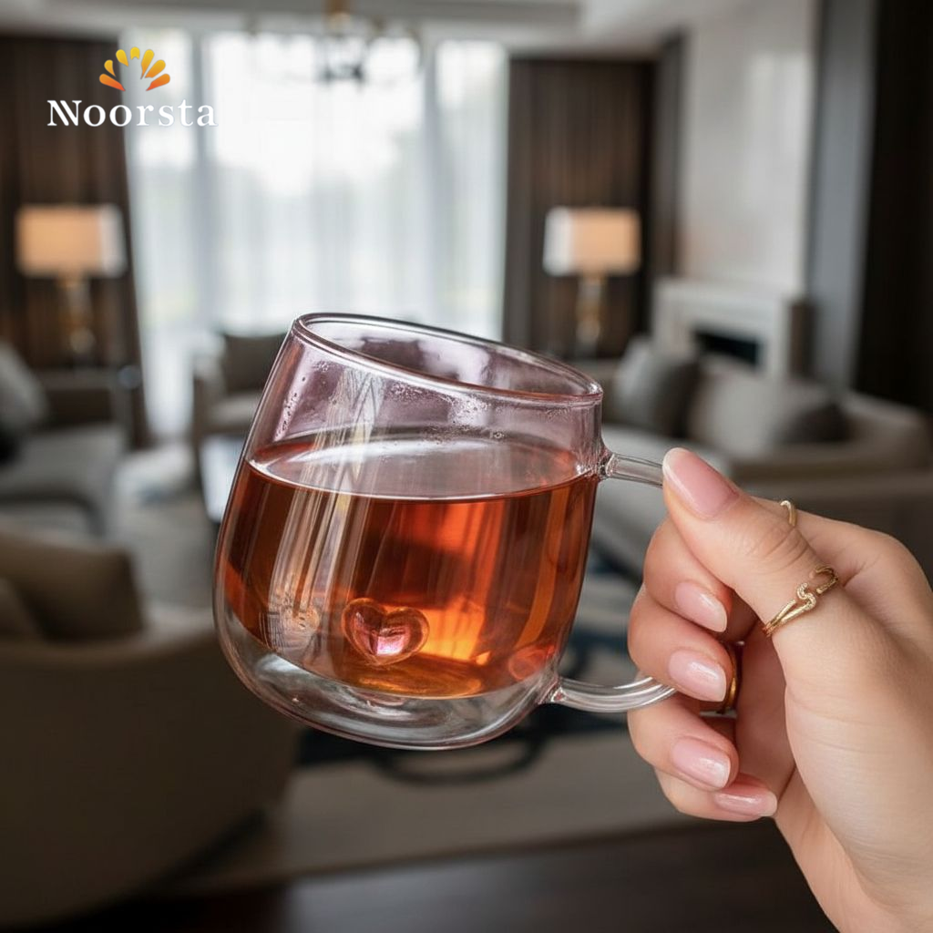 مج بيركس حراري ترندي بقلب كريستال داخلي - Chic Pink Gradient Pyrex Glass Mug with 3D Inner Heart - Noorsta