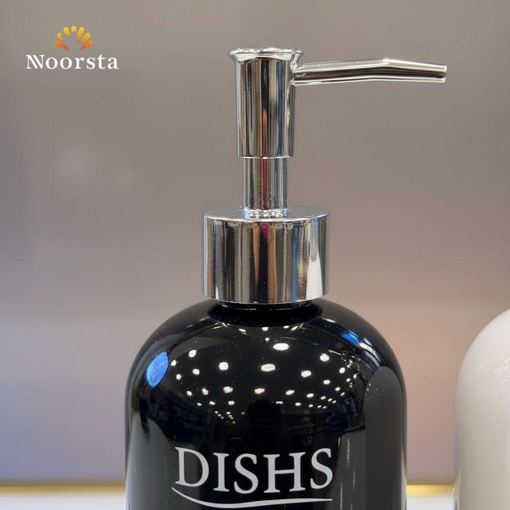 طقم ديسبنسر صابون قزاز بحامل خشب للمطبخ والحمام - Modern Glass Soap Dispenser Set with Wooden Tray - Noorsta