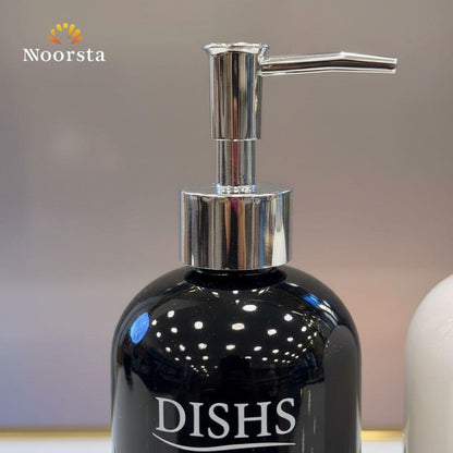 طقم ديسبنسر صابون قزاز بحامل خشب للمطبخ والحمام - Modern Glass Soap Dispenser Set with Wooden Tray - Noorsta