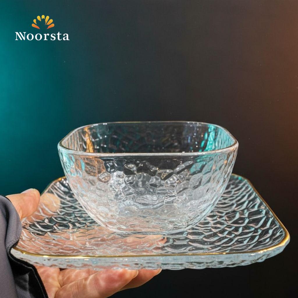 طقم خشاف زجاجي منقرش بحواف ذهبية لتقديم الحلويات والمكسرات - Elegant Textured Glass Dessert Set with Gold Rim - Noorsta
