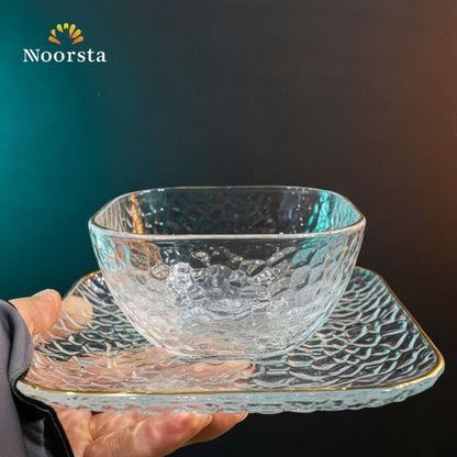 طقم خشاف زجاجي منقرش بحواف ذهبية لتقديم الحلويات والمكسرات - Elegant Textured Glass Dessert Set with Gold Rim - Noorsta