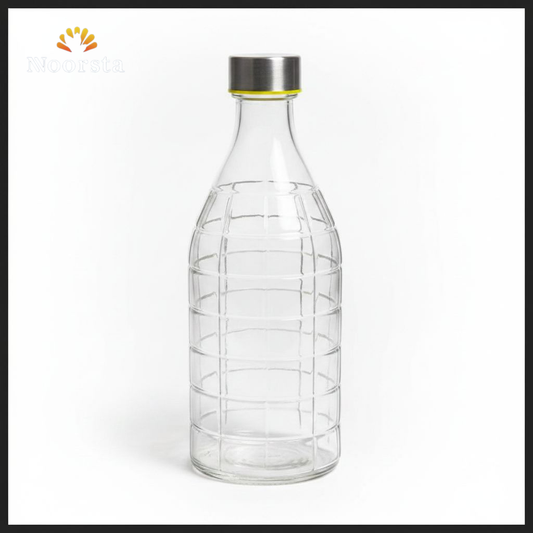 ازازة ميه قزاز شيك بتصميم شبكي وغطا ستانلس - Modern grid-pattern glass water bottle with stainless steel lid - Noorsta