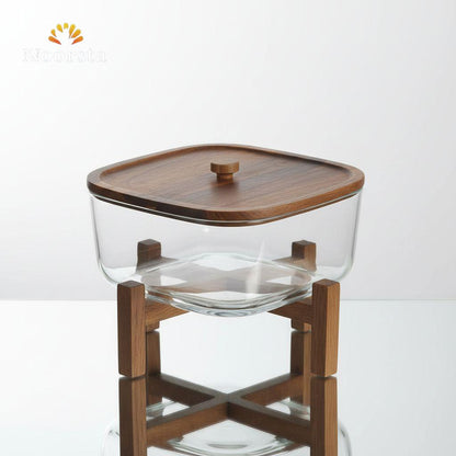 Noorsta Artisan Glass Serving Bowl with Acacia Wood Lid & Raised Stand