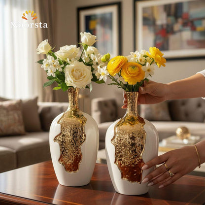 فازة ورد بورسلين ابيض في دهبي شيك جدا - Modern Porcelain and Gold Melted-Effect Vase Set - Noorsta