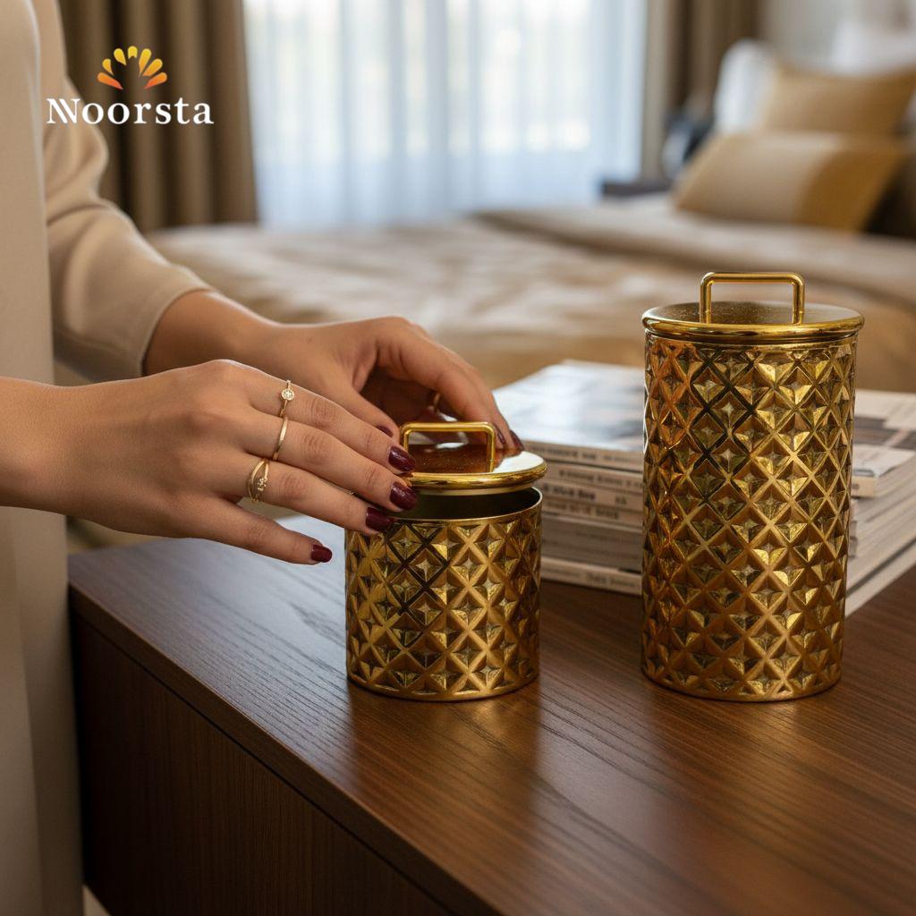 طقم علب تخزين ذهبية ٣ قطع بتصميم هندسي - Luxury 3-Piece Geometric Gold Storage Canister Set - Noorsta