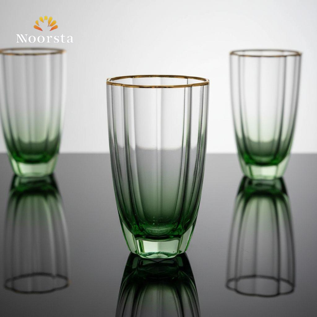 Emerald Ombre Fluted Glass Tumbler Set with 24k Gold Rim