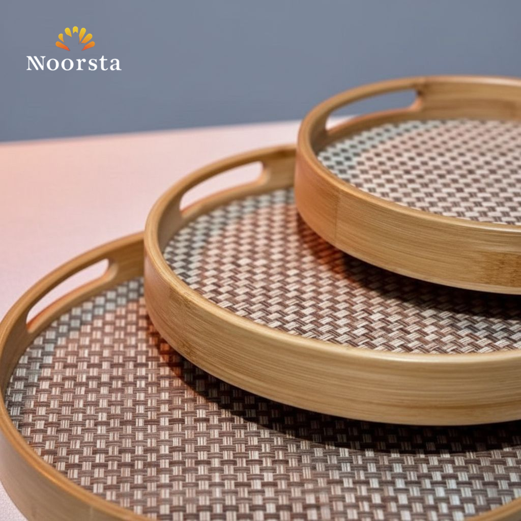 طقم صواني تقديم خشب بامبو 3 قطع مقاسات كبيرة - Premium 3-Piece Bamboo Woven Serving Tray Set - Noorsta