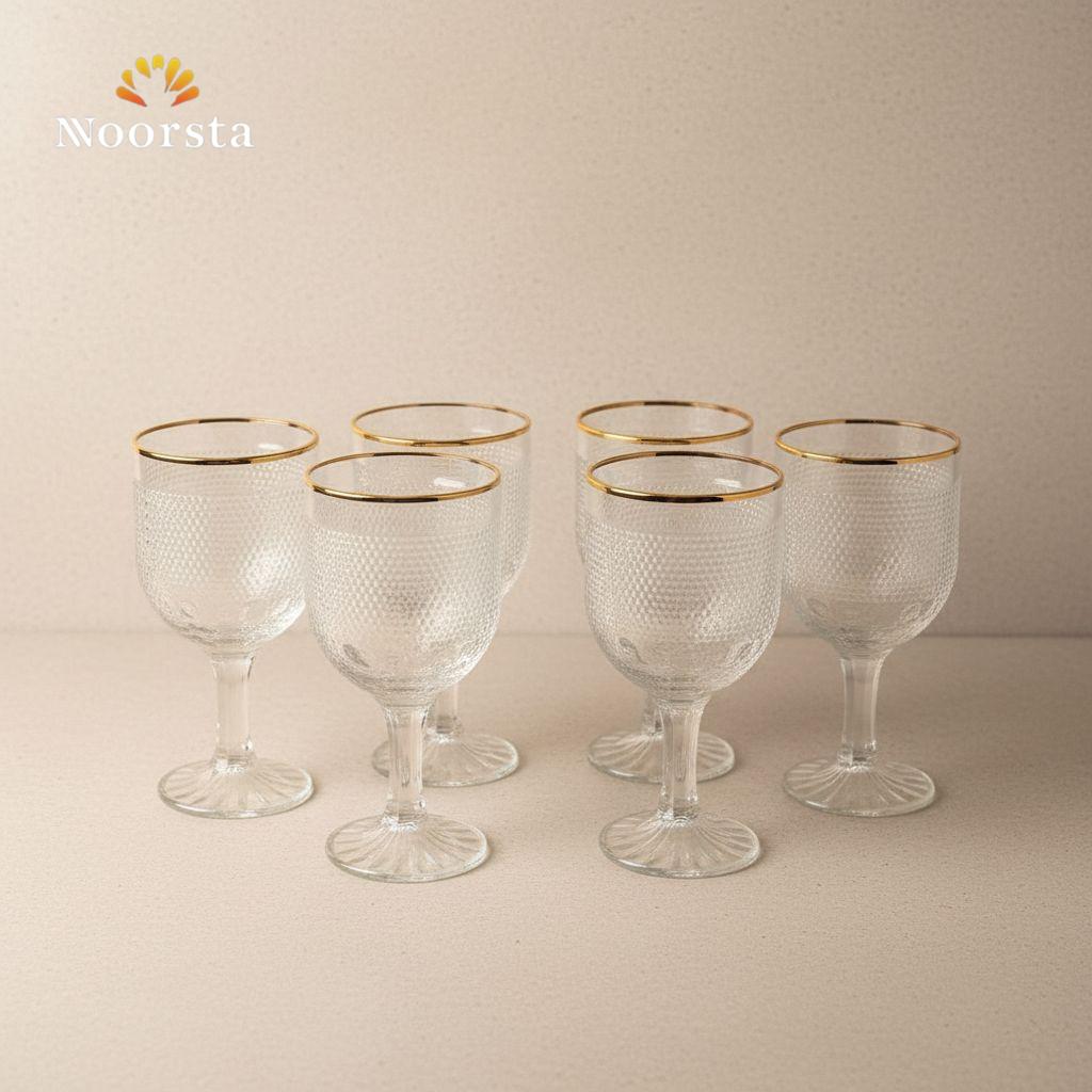 طقم كاسات كريستال بنقش بارز وحافة ذهبية - 6 قطع
