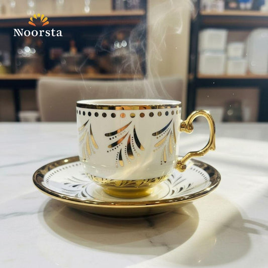 فنجان شاي بورسلين مدهب شيك جدا لجهاز العروسة - Royal Gold Fan Motif Porcelain Teacup and Saucer - Noorsta