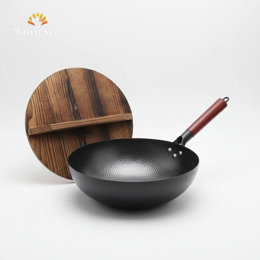 Artisan Hand-Hammered Iron Wok with Vintage Wooden Lid