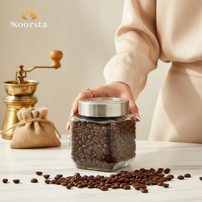 The Crystal Keep: Square Glass Storage Jar with Steel Lid (450ml)