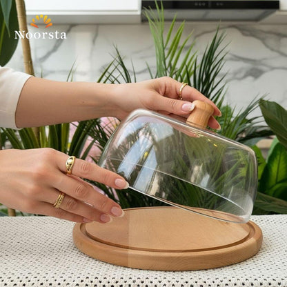 Artisan Natural Wood Cake Stand with Glass Dome