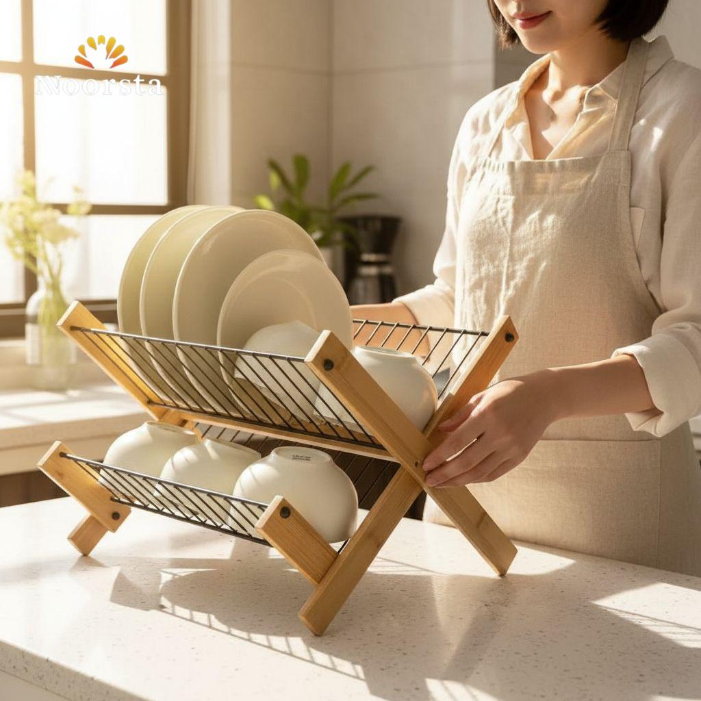 Zenith Foldable Bamboo & Black Wire Dish Drying Rack