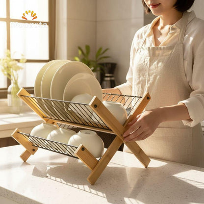 Zenith Foldable Bamboo & Black Wire Dish Drying Rack