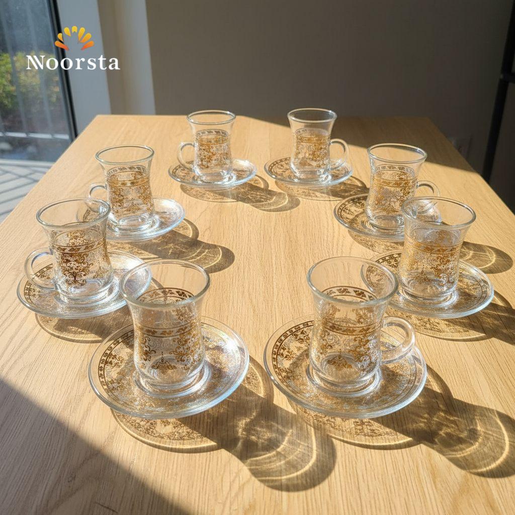طقم قهوة استكانة مدهب 12 قطعة لجهاز العروسة - Authentic Gold Patterned Istikana Coffee Set 12 Piece - Noorsta