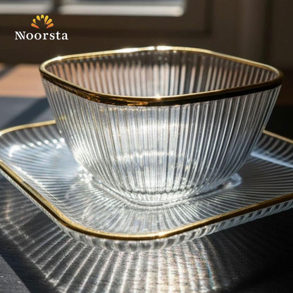 Aurelia Gold-Rimmed Fluted Glass Dessert Set - Square Edition