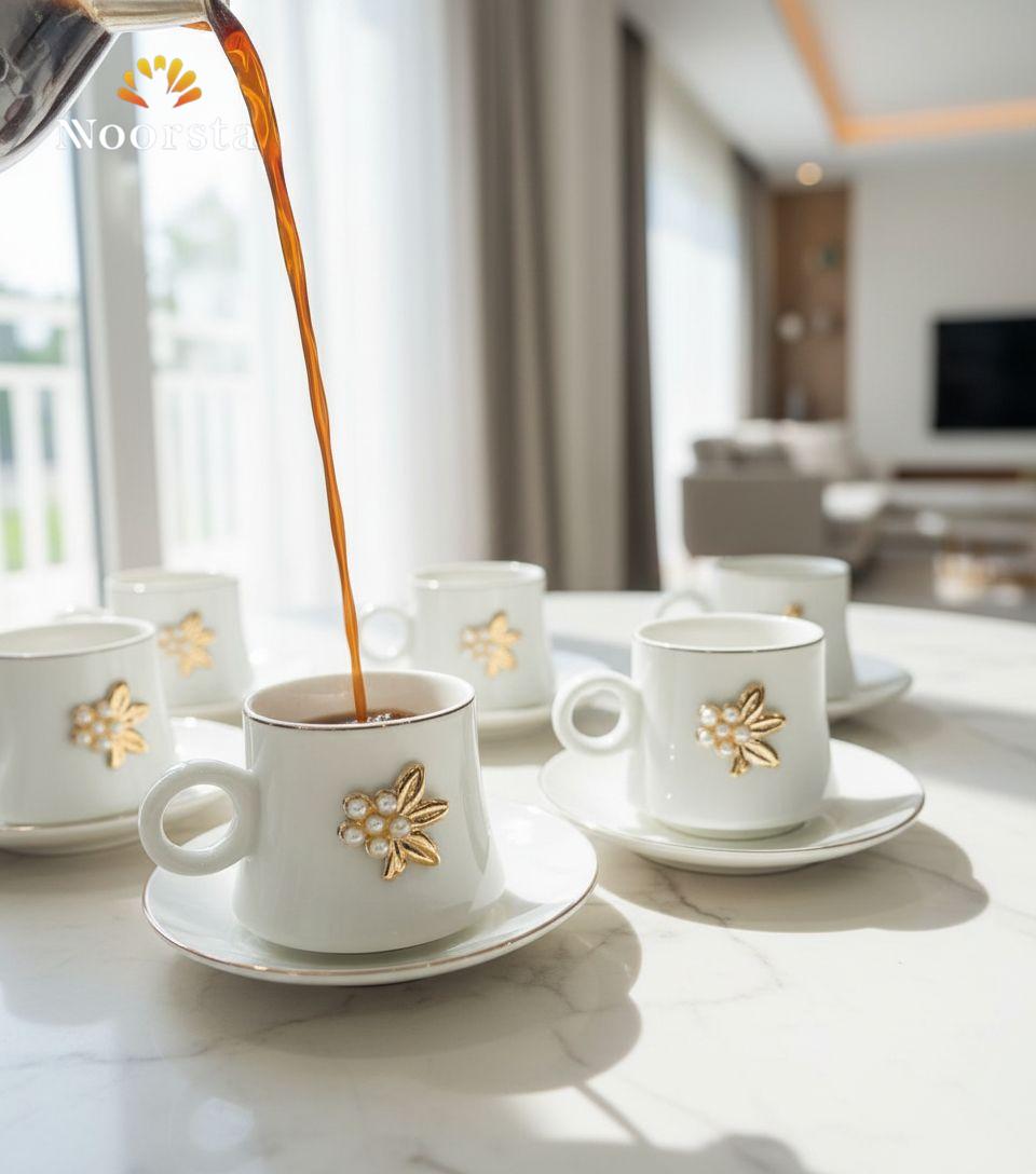 طقم فناجين قهوة تركي شيك لجهاز العروسة - Luxury Pearl and Gold Embellished Porcelain Coffee Cup Set - Noorsta