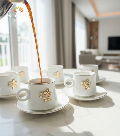 طقم فناجين قهوة تركي شيك لجهاز العروسة - Luxury Pearl and Gold Embellished Porcelain Coffee Cup Set - Noorsta