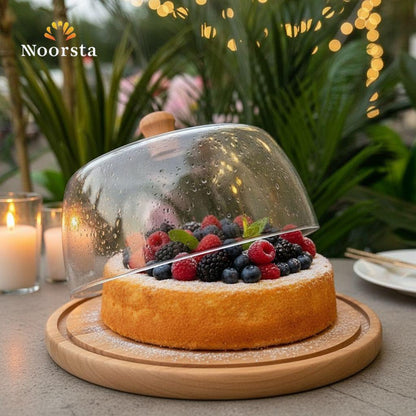 Artisan Natural Wood Cake Stand with Glass Dome