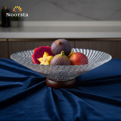 وعاء تقديم فاخر من الزجاج الكريستالي المحبب مع قاعدة خشبية