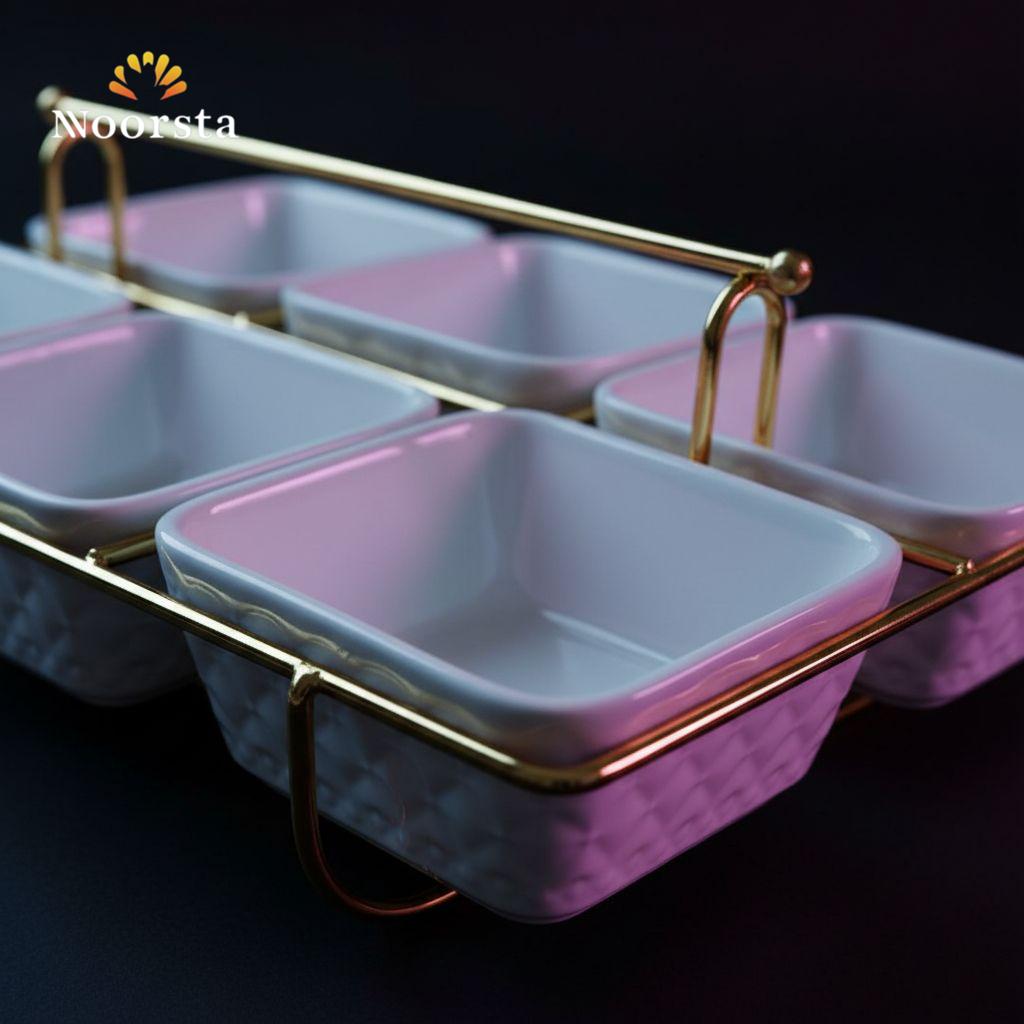 طقم تسالي بورسلين ابيض باستاند دهبي شيك جدا للضيوف - Elegant 7-Piece White Porcelain Serving Set with Gold Stand - Noorsta