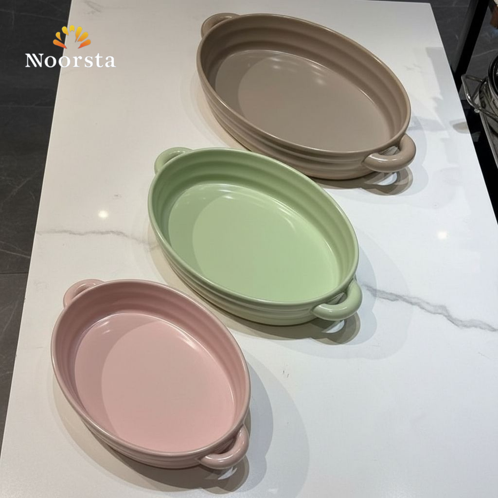 طقم طواجن بورسلين حراري 3 قطع الوان باستيل - Premium 3-Piece Thermal Porcelain Oval Bakeware Set - Noorsta
