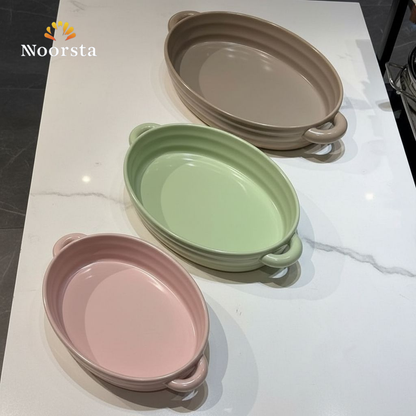 طقم طواجن بورسلين حراري 3 قطع الوان باستيل - Premium 3-Piece Thermal Porcelain Oval Bakeware Set - Noorsta