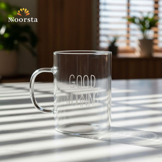 مج بايركس شفاف بكلمة Good Morning سعة 400 ملي - Modern Clear Pyrex Glass Mug with Good Morning Print - Noorsta