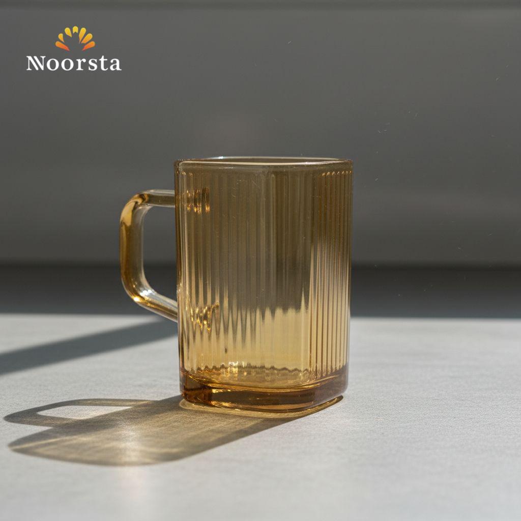 طقم مجات شاي قزاز عسلي مضلع 6 قطع لركن القهوة - Elegant Amber Ribbed Glass Tea and Coffee Mug Set 6 Pieces - Noorsta