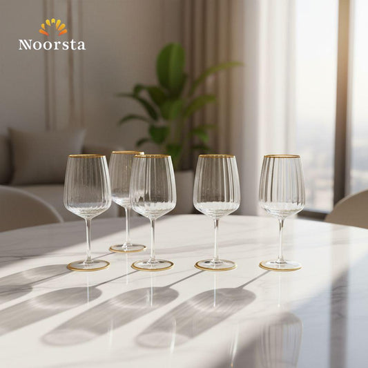طقم كاسات كريستال مضلع بحواف ذهبية 6 قطع لتقديمات الضيوف - Elegant Ribbed Crystal Glass Set with Gold Rims 6 Pieces - Noorsta