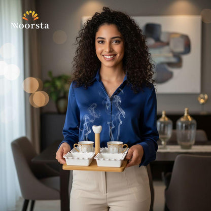 طقم بولات تقديم تسالي سيراميك مع صينية خشب - Luxury 4-Piece Ceramic Serving Set with Wooden Tray - Noorsta