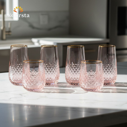 طقم شوب كريستال منقرش بحرف دهبي لجهاز العروسة - Elegant Rose Tinted Crystal Tumbler Set with Gold Rim - Noorsta