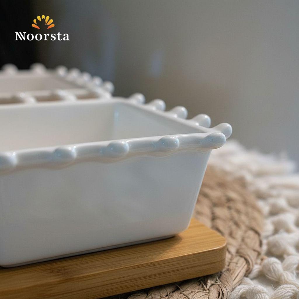 طقم بولات تقديم تسالي سيراميك مع صينية خشب - Luxury 4-Piece Ceramic Serving Set with Wooden Tray - Noorsta