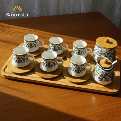 طقم قهوة بورسلين شيك لجهاز العروسة - Authentic Porcelain Coffee Set with Wooden Tray - Noorsta