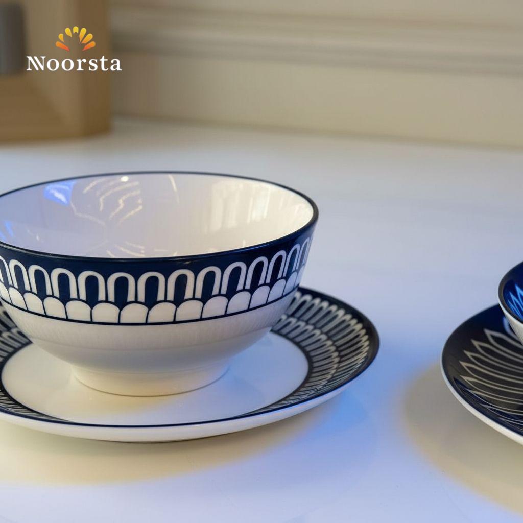 طقم عشاء بورسلين مستورد 24 قطعة لجهاز العروسة - Elegant 24-Piece Porcelain Dinner Set with Geometric Rim - Noorsta