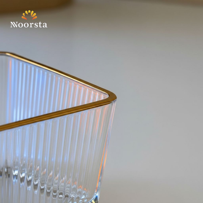 طقم بولات زجاج مضلع مربع لتقديم الشيك - Elegant 6-Piece Square Glass Bowl Set with Gold Rim - Noorsta