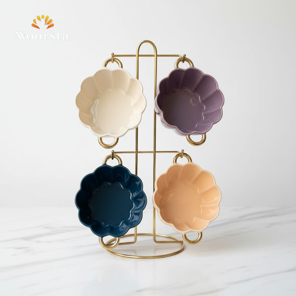 طقم بولات بورسلين شيك باستاند معدن للتقديم - Elegant 4-Piece Porcelain Bowl Set with Stand - Noorsta